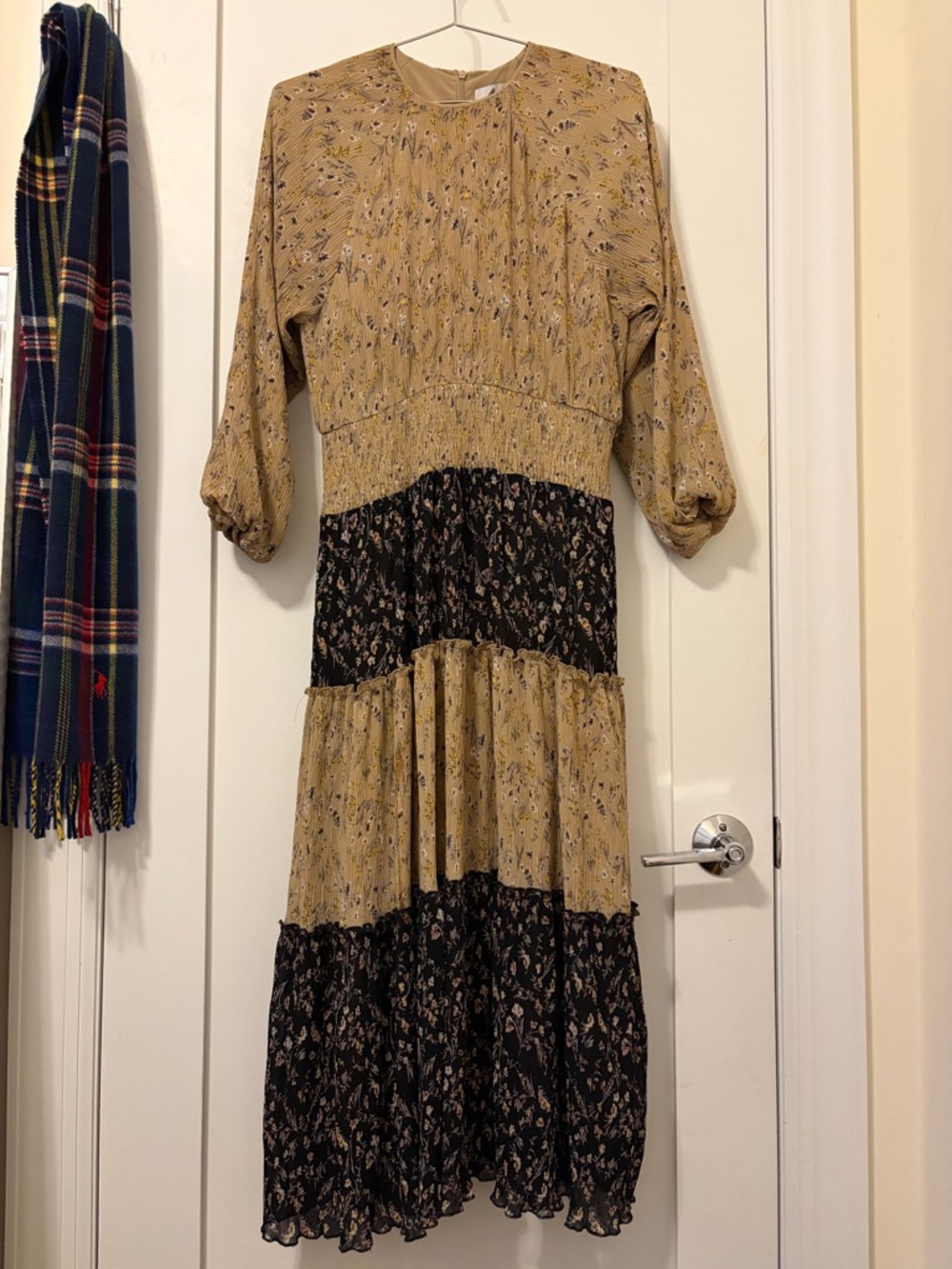 Modest Floral Tiered Midi Dress - Beige and Black